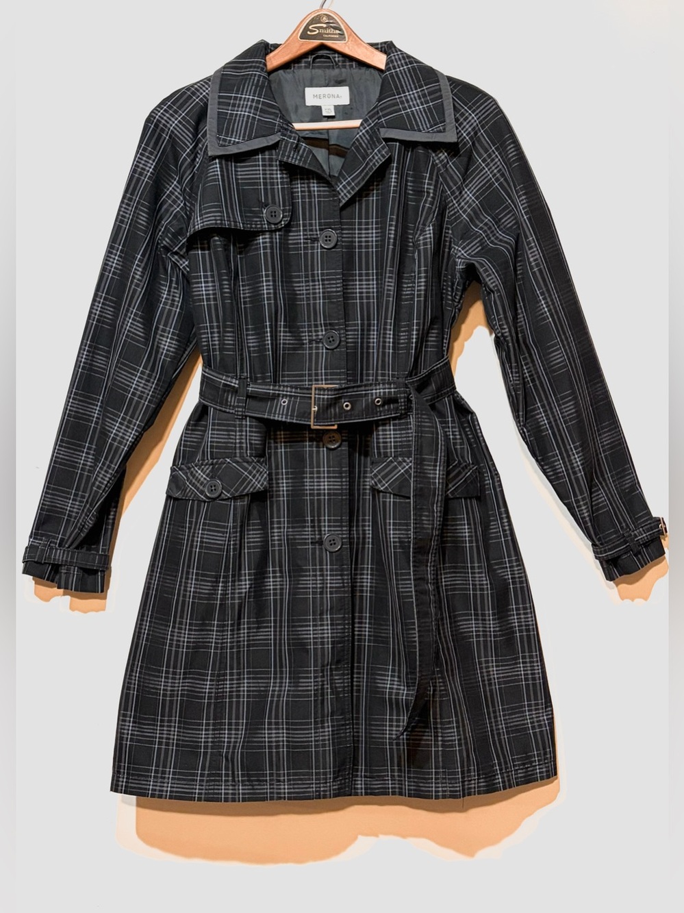 Merona- Black Plaid Trench Coat with Belted Waist